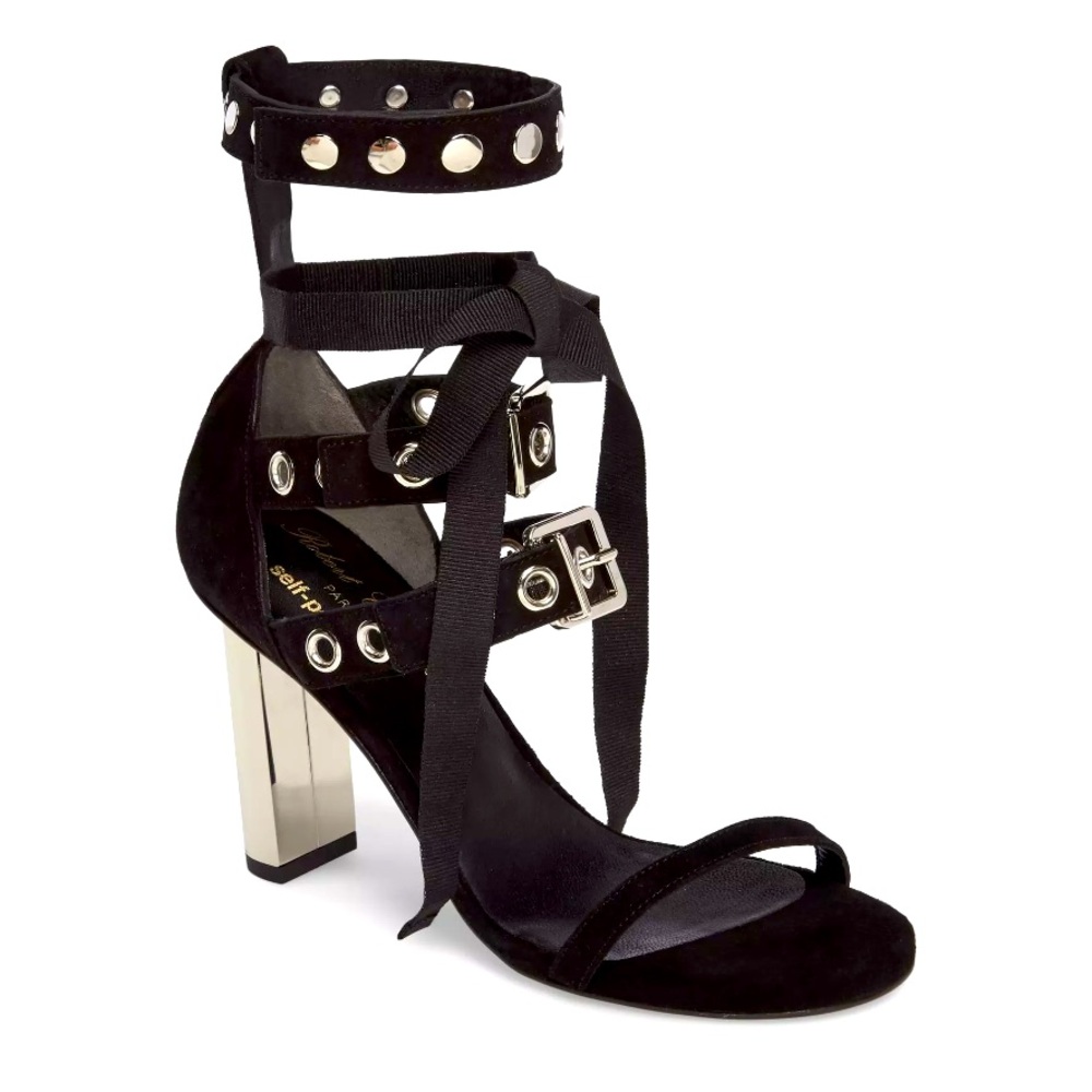 Robert Clergerie Black Gladiator Heels with Metallic Block Heel